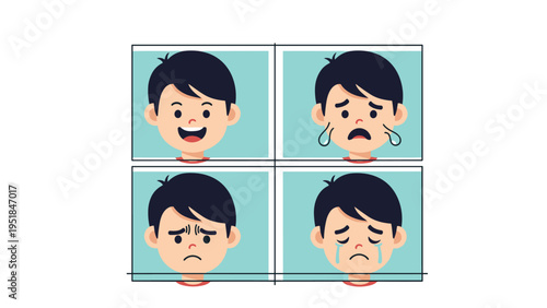 Educational illustration of a young boy expressing four different facial emotions including happiness, crying, anger, and sadness.