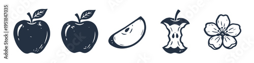 Apple, Leaf and Slice Monochrome Icon Set. High quality stock illustration with clear subject focus, cohesive composition, and versatile commercial applicability across branding, editorial, and.