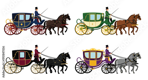 Four ornate horse drawn carriages with coachmen in a vintage illustration