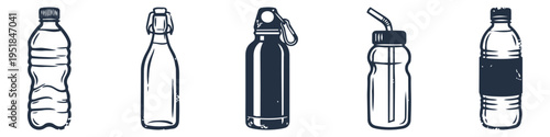 Bottle, Cap and Straw Monochrome Icon Set. High quality stock illustration with clear subject focus, cohesive composition, and versatile commercial applicability across branding, editorial, and.