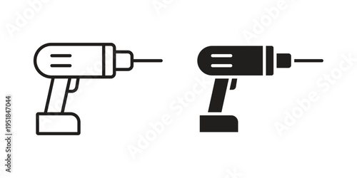 Power drill icon set in black outline and fill. Editable icons