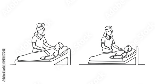 Nurse comforting a patient in bed continuous line drawing silhouette