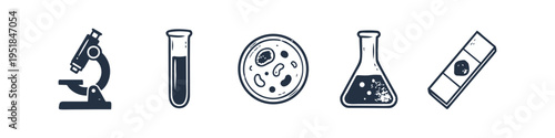 Microscope, Test Tube and Petri Dish Monochrome Icon Set. High quality stock illustration with clear subject focus, cohesive composition, and versatile commercial applicability across branding.