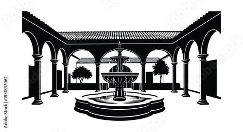 A striking black and white image depicts an ornate courtyard fountain with architectural details presented as a silhouette high quality professional