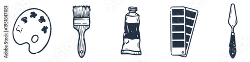 Palette, Brush and Paint Tube Monochrome Icon Set. High quality stock illustration with clear subject focus, cohesive composition, and versatile commercial applicability across branding, editorial.
