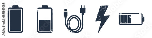 Battery, Cable and Plug Monochrome Icon Set. High quality stock illustration with clear subject focus, cohesive composition, and versatile commercial applicability across branding, editorial, and.