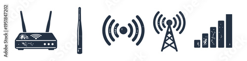 Router, Antenna and Signal Monochrome Icon Set. High quality stock illustration with clear subject focus, cohesive composition, and versatile commercial applicability across branding, editorial, and.