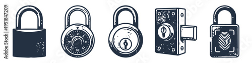Lock, Padlock and Combination Lock Monochrome Icon Set. High quality stock illustration with clear subject focus, cohesive composition, and versatile commercial applicability across branding.