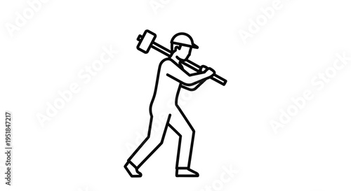 Worker carrying a sledgehammer over shoulder simple line art silhouette
