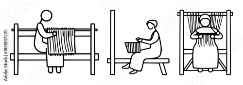 Weaver's loom pictogram set with minimalist design featuring person, loom, textile craft symbol with bold lines and white background