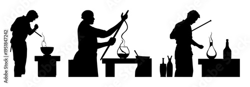 Glassblower silhouette set with solid black outline and blowpipe shaping molten glass featuring glassblowing, artisan work, molten glass with fire and furnace