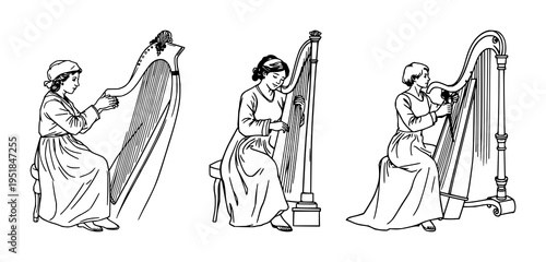 Continuous line art drawing set with a person playing a harpsichord featuring Baroque musical art, a single black stroke with a white background and minimalist aesthetic