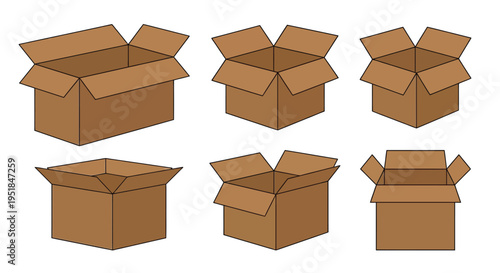Six open cardboard boxes in varying stages of assembly illustrated on white