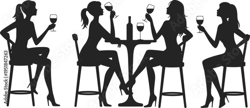 Women silhouette illustration, four ladies sitting on bar stools around table with wine glasses and bottle, social gathering theme, vector art, black isolated bold design