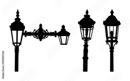 Street lamp set with solid black silhouette and high contrast featuring old-fashioned, Victorian, urban with traditional and decorative design