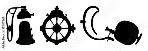 Vintage deep-sea diving bell set with solid black silhouette on white background featuring underwater exploration, maritime, nautical with historical and industrial design
