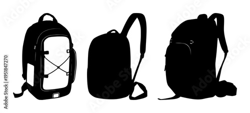 Smart backpack set with solid black silhouette and solar panels and integrated straps featuring high‑tech, nomadic tech lifestyle, white background with silhouette and straps