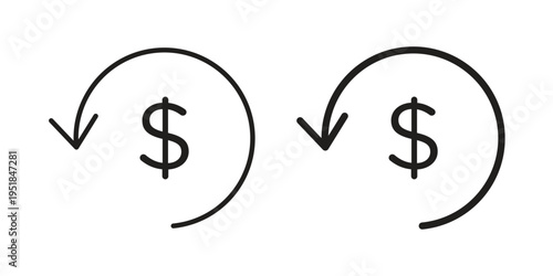 Refund icon set in black outline and fill. Editable icons