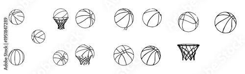 Basketball set with dynamic sketch vector illustration featuring bold basketball emblem, glossy ball, classic basket with sports theme and clean line art