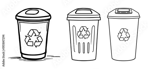 Smart waste bin set with bold lines on a white background featuring smart waste bin, recycling symbol, urban sustainability with bold lines and white background