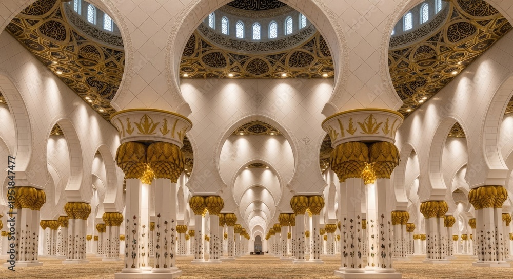 Fototapeta premium Grand interior with arches and columns illuminated by natural and artificial light