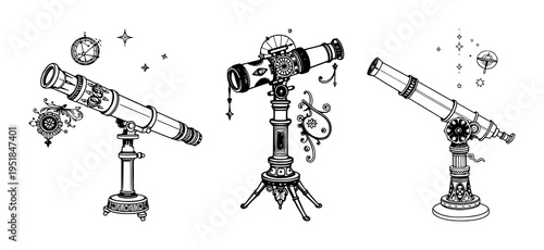 Telescope set with ornate Victorian line art featuring telescope, celestial ornaments, antique science aesthetic with black ink and white background