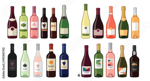 Collection of colorful wine and champagne bottles with varied label designs