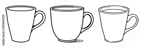 Minimalist cup set with outlined design featuring drinkware, hot beverages, and kitchen utensils with ceramics and glassware