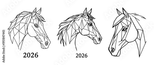 Horse head set with symmetrical line art design featuring geometric shapes, polygonal patterns, equine art with intricate details and white background