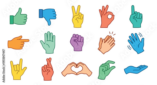 Colorful hand gestures and signs representing diverse expressions
