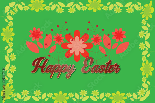 Happy Easter floral greeting background with spring flowers and decorative frame vector illustration.