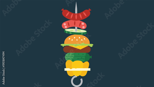 Creative vertical skewer illustration stacked with grilled sausages, cucumber slices, a cheeseburger, and yellow bell peppers.