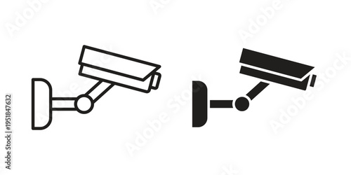 Security camera icon set in black outline and fill. Editable icons