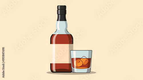 Sophisticated illustration of a dark glass bottle of whiskey next to a glass filled with liquor and two ice cubes.