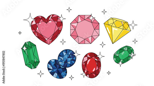 Assorted collection of sparkling faceted gemstones including heart, octagon, and oval shapes in various vibrant colors.