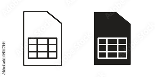 Sim card icon set in black outline and fill. Editable icons