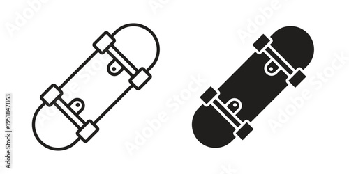 Skateboard icon set in black outline and fill. Editable icons