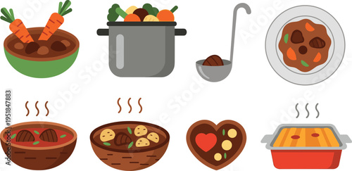 Beef Stew Food Illustration Set with Soup Bowl Cooking Pot Ladle Plate and Casserole Dish Flat Cartoon Vector Collection
