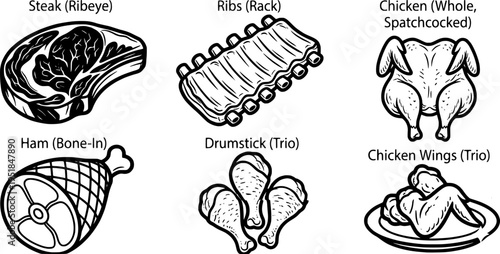Meat cuts vector set with steak ribs chicken ham and drumstick illustrations for cooking and food design