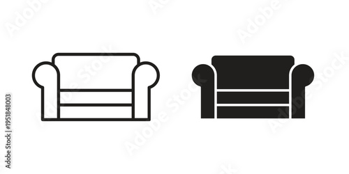 Sofa icon set in black outline and fill. Editable icons