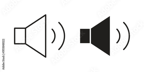 Sound volume icon set in black outline and fill. Editable icons