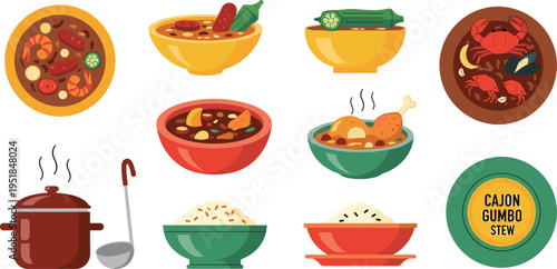 Cajun Gumbo Stew Illustration Set with Seafood Chicken Rice Bowls Pot and Southern Cuisine Flat Cartoon Vector Collection
