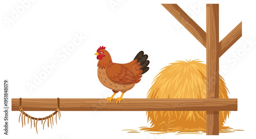 A vibrant red hen perches atop a wooden beam near hay bales creating a striking silhouette high quality professional detailed modern