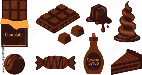 Chocolate Dessert Illustration Set with Bar Truffle Syrup Cake Melted Cocoa and Candy Elements Flat Cartoon Vector Collection