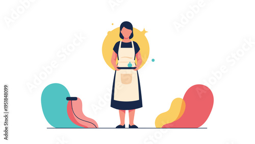 Professional flat illustration of a waitress wearing a dark dress and white apron while carrying a serving tray.