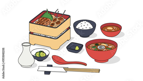 Traditional Japanese meal set featuring grilled skewers in a bento box, white rice, miso soup, and dipping sauces.