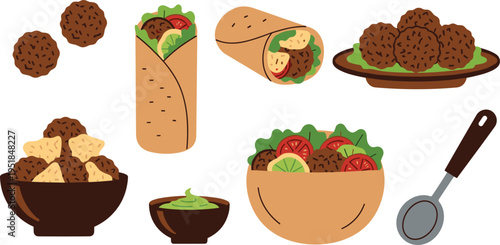 Falafel Food Illustration Set with Wrap Bowl Salad Plate and Sauce Dip Middle Eastern Cuisine Flat Cartoon Vector Collection