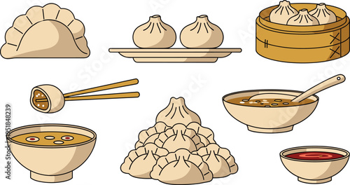Dumpling Asian Food Illustration Set with Dim Sum Bao Soup Bowls Chopsticks and Steamed Basket Flat Cartoon Vector Collection