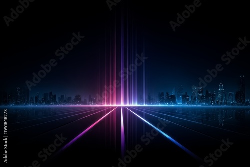 City skyline with a purple and blue line running through it. The city is lit up at night