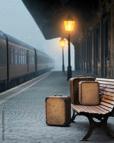 Nostalgic train station platform featuring vintage luggage on wooden bench evoking lonely feeling under warm lamp glow in deep morning mist